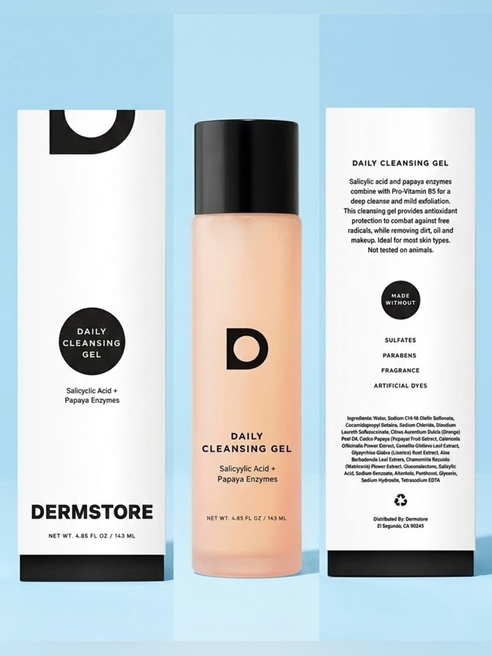 Dermstore, Daily Cleansing Gel, NIB, has Salicylic Acid + Papaya enzymes.
